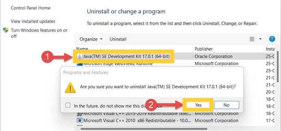 Click yes to uninstall java on Windows 11