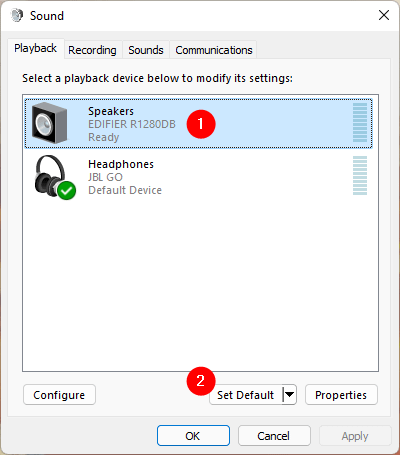 Select default speaker on a Windows 11