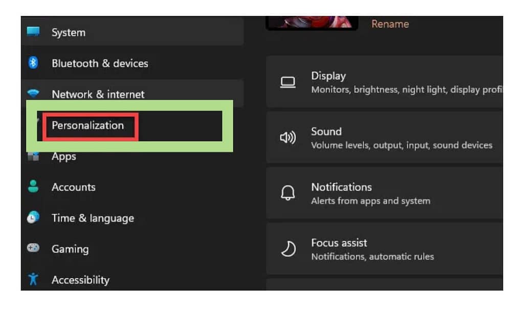 Click on the personalization in the settings