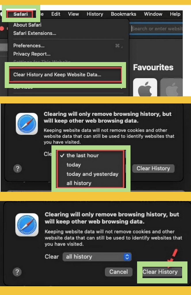 Steps to clear search history on safari on macOS Big Sur.
